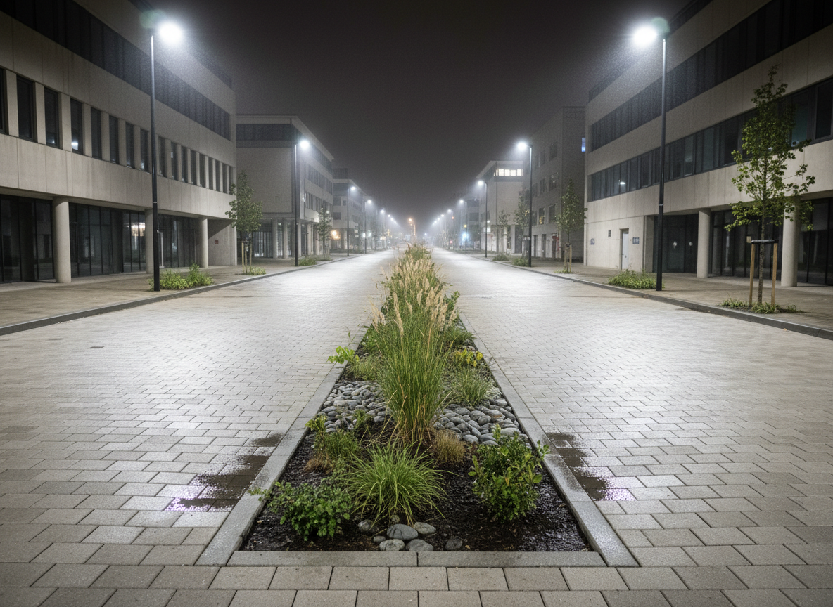 A nighttime scene of a resilient urban streetscape, rendered in photographic realism, showing a well-defined permeable roadway with interlocking, light-gray pavers and a central bioswale filled with grasses, small shrubs, and river stones. LED streetlights with a cool, white glow cast even illumination, creating crisp reflections on wet surfaces after a light rain. Subtle puddles drain toward the bioswale, illustrating stormwater management. In the distance, low-rise civic buildings with simple concrete facades and dark, reflective windows line the street. Captured from a slightly low angle at curb height with a deep depth of field, the image feels calm and secure, highlighting the integration of safety, sustainability, and climate-resilient infrastructure in a clean, modern urban setting.
