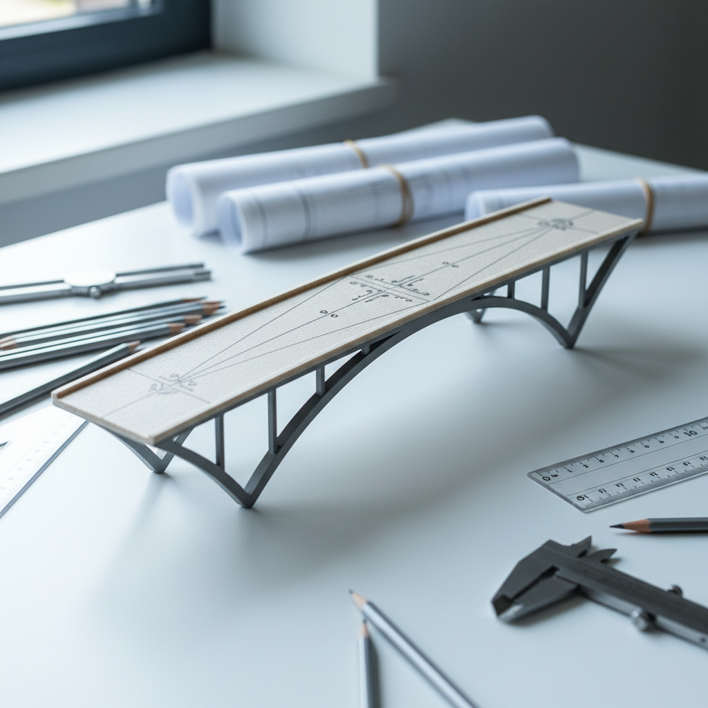 A close-up, photographic view of an intricately detailed scale model of a sustainable bridge, its deck made of pale, finely textured composite material and its arches rendered in smooth matte steel-gray. The model rests on a clean white drafting table surrounded by neatly arranged engineering tools: metal calipers, sharpened pencils, a transparent ruler, and rolled technical drawings. Cool, diffused daylight from a nearby window softly illuminates the scene, highlighting the engraved load-path lines and tiny embedded sensors on the bridge surface. Shot at eye level with a shallow depth of field, the bridge model is in crisp focus while background tools blur gently, creating a calm, analytical atmosphere that underscores precision, safety, and resilient design in a modern, professional photographic style.