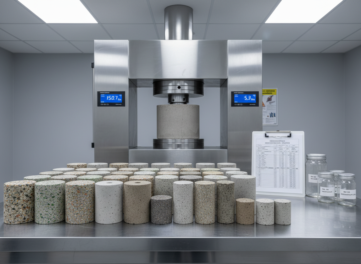 A highly detailed laboratory setup for testing sustainable concrete mixtures, featuring pristine cylindrical concrete specimens of varying textures and aggregate sizes arranged on a stainless-steel bench. Behind them, a gleaming compression testing machine with brushed metal surfaces and digital readouts stands against a neutral gray wall. Clear, overhead laboratory lighting casts uniform, shadow-free illumination that reveals hairline patterns and fine pores in the concrete. A clipboard of printed test results and labeled sample containers sit neatly to the side. The mood is rigorously scientific and orderly. Photographic realism, composed with a centered perspective and moderate depth of field, keeps the specimens and machine in sharp focus while the background gently softens, emphasizing methodical research into safer, more durable, and low-carbon infrastructure materials.